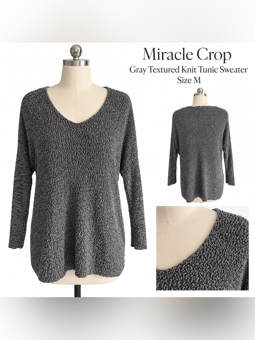 Miracle Crop Gray Black Textured Knit Tunic Sweater Size M